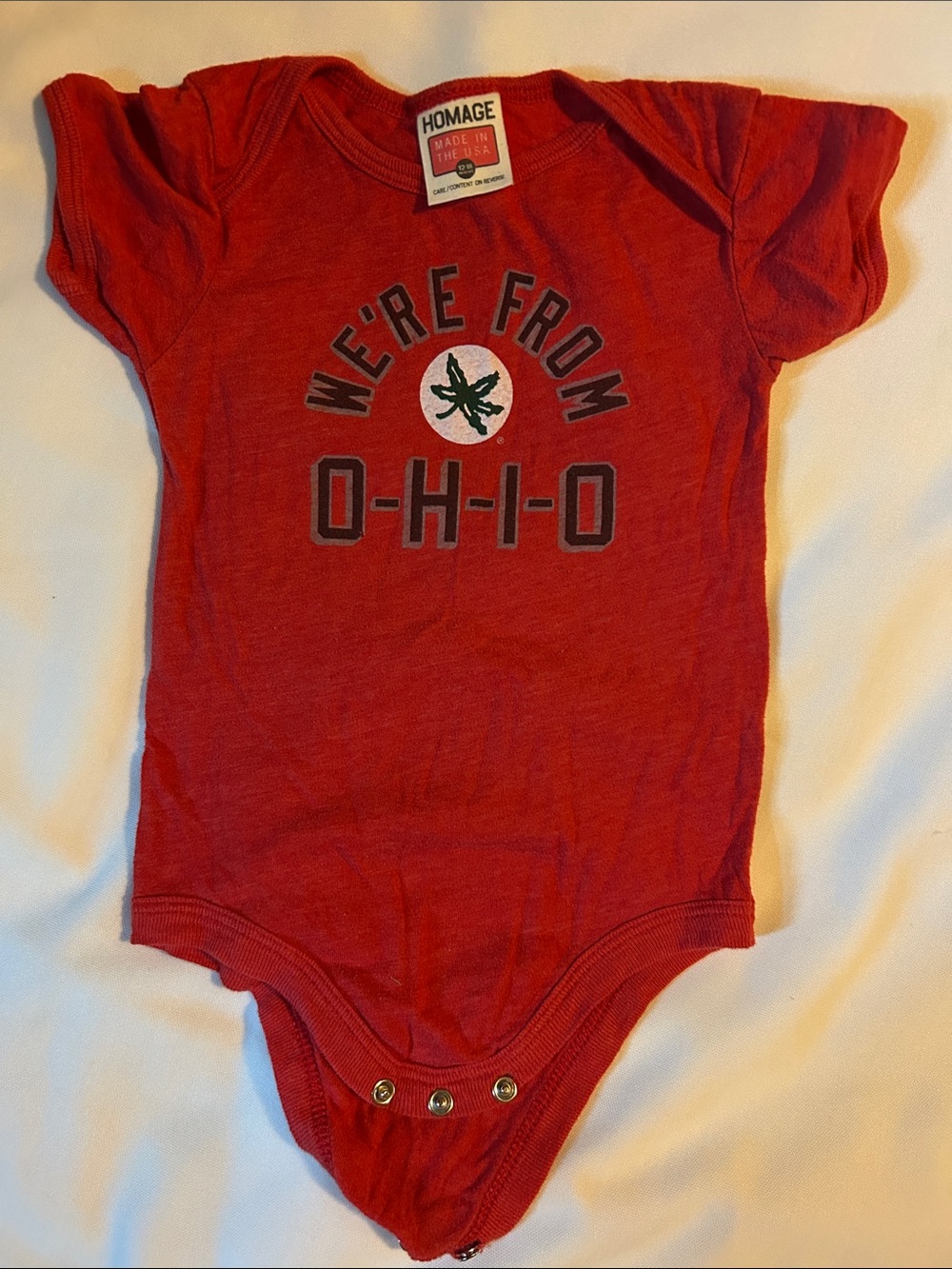 HOMAGE Red "We're From O-H-I-O" Kids One-Piece Bodysuit, Size 12 months